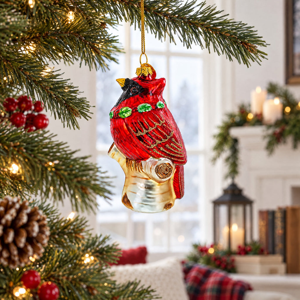 Red Cardinal on a Tree Branch Glass Christmas Ornament