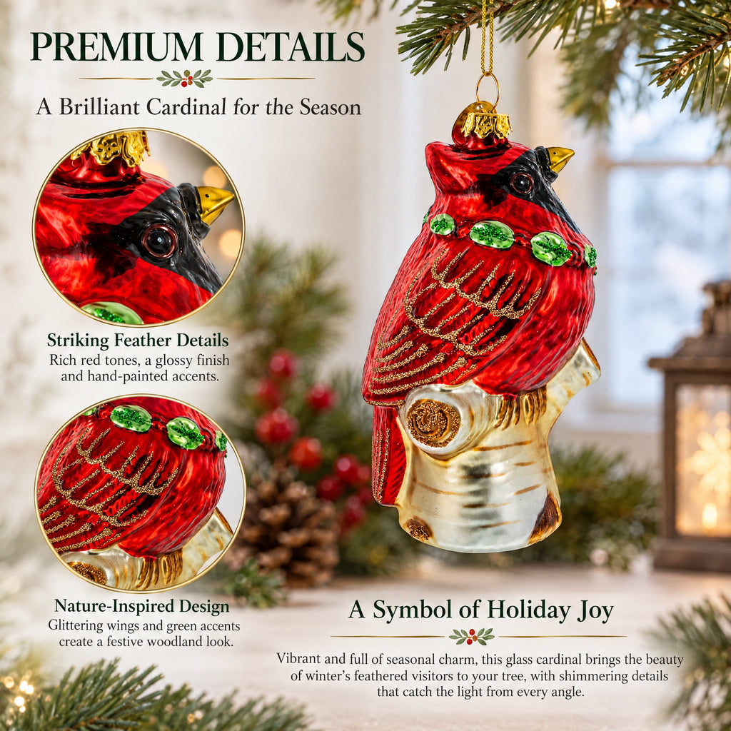 Red Cardinal on a Tree Branch Glass Christmas Ornament