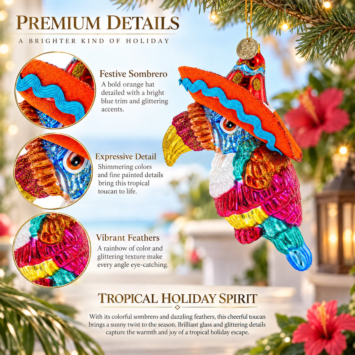 Tropical Toucan in a Sombrero Hat Glass Christmas Ornament