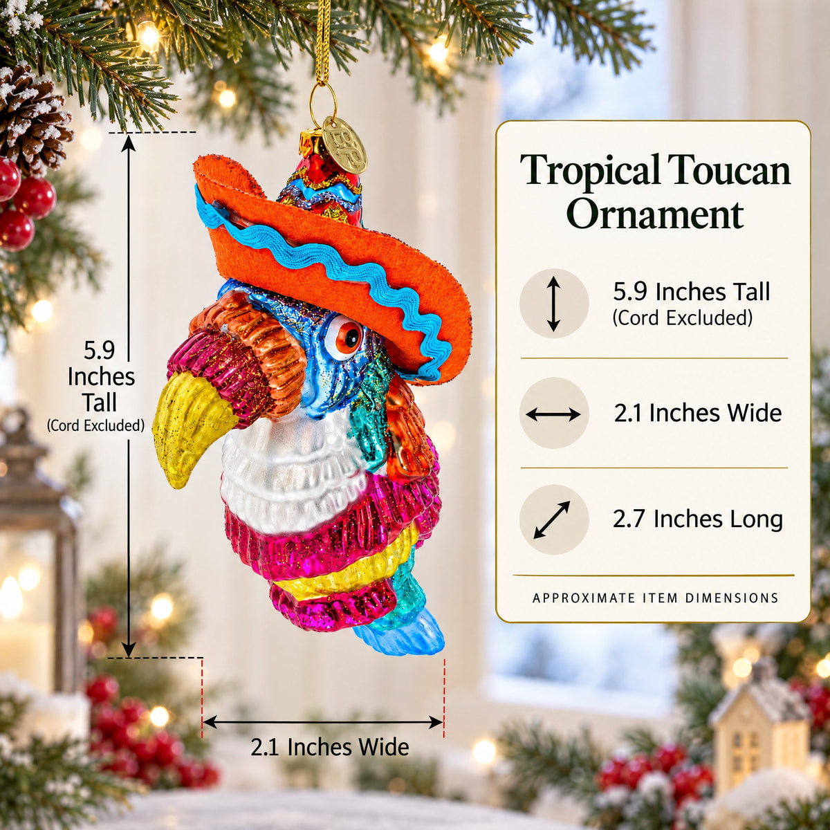 Tropical Toucan in a Sombrero Hat Glass Christmas Ornament