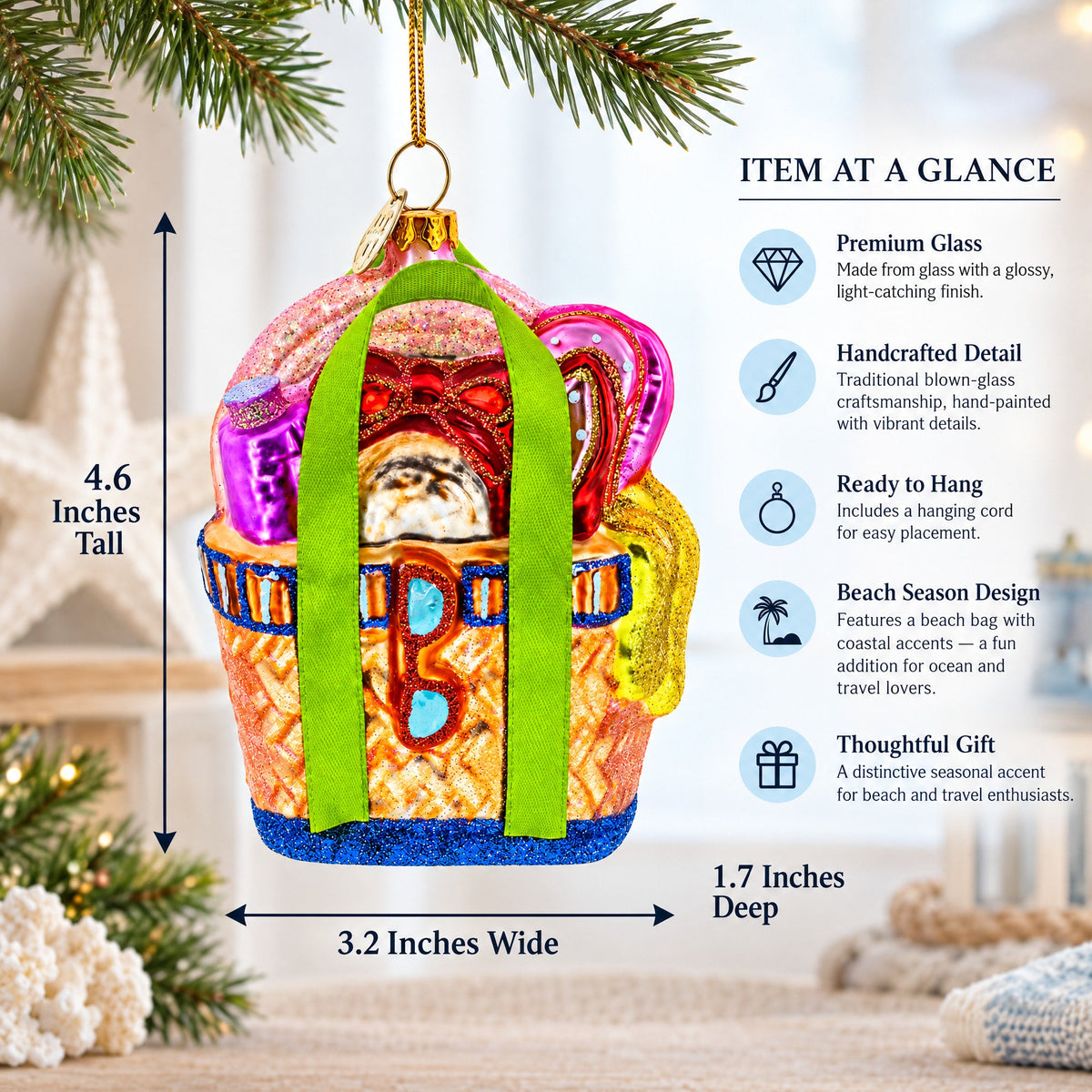 Beach Season Bag Glass Christmas Ornament