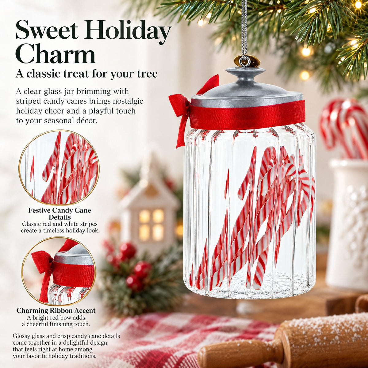 Candy Cane Jar Glass Christmas Ornament