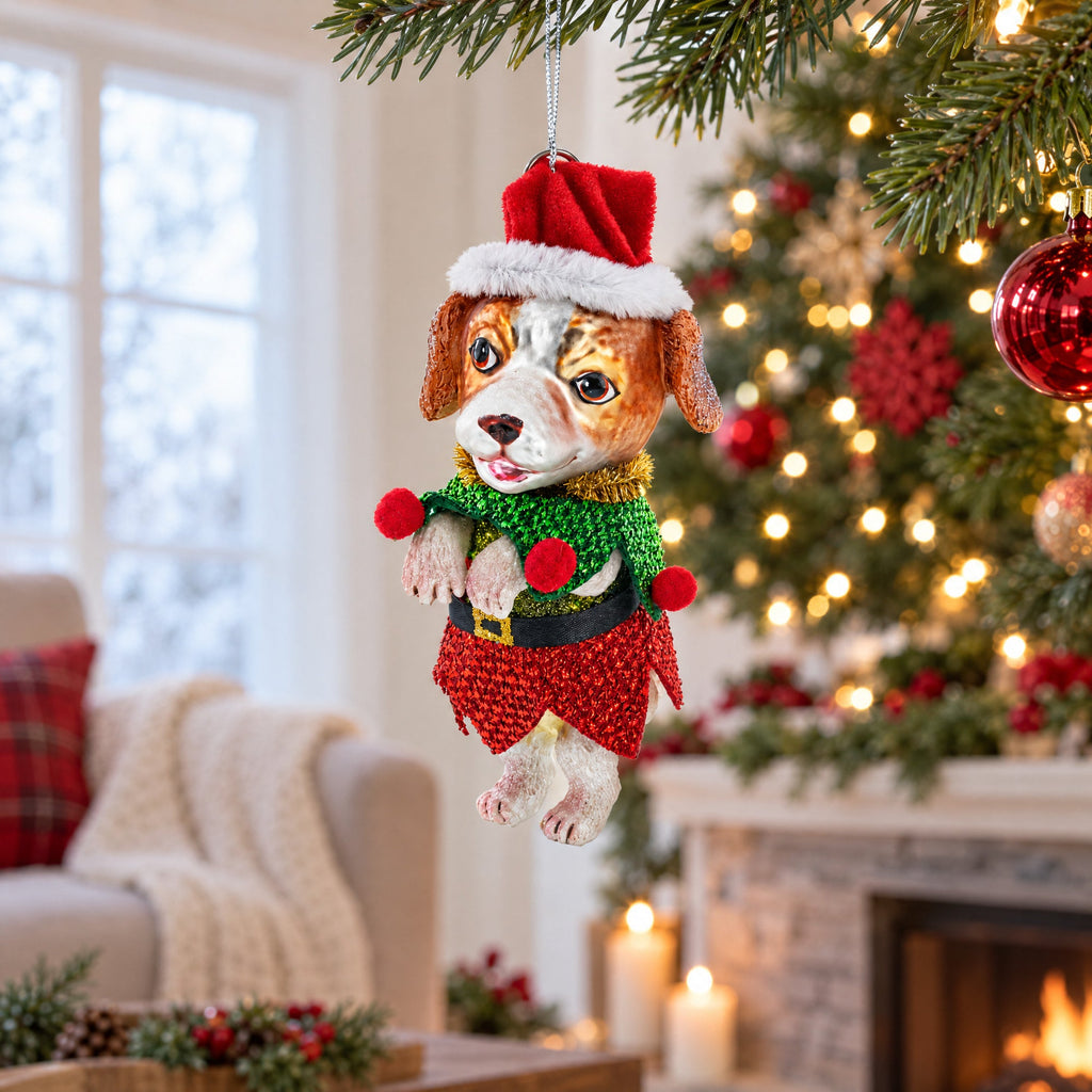Santa Pup in Elf Costume Glass Christmas Ornament