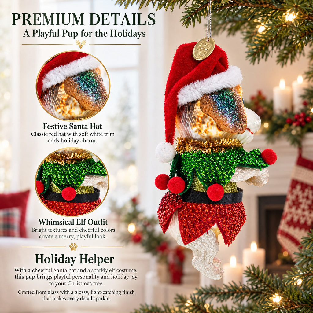 Santa Pup in Elf Costume Glass Christmas Ornament