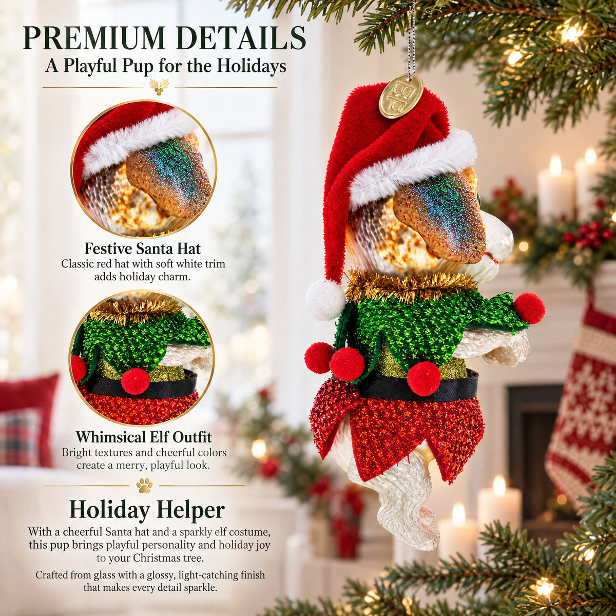 Santa Pup in Elf Costume Glass Christmas Ornament
