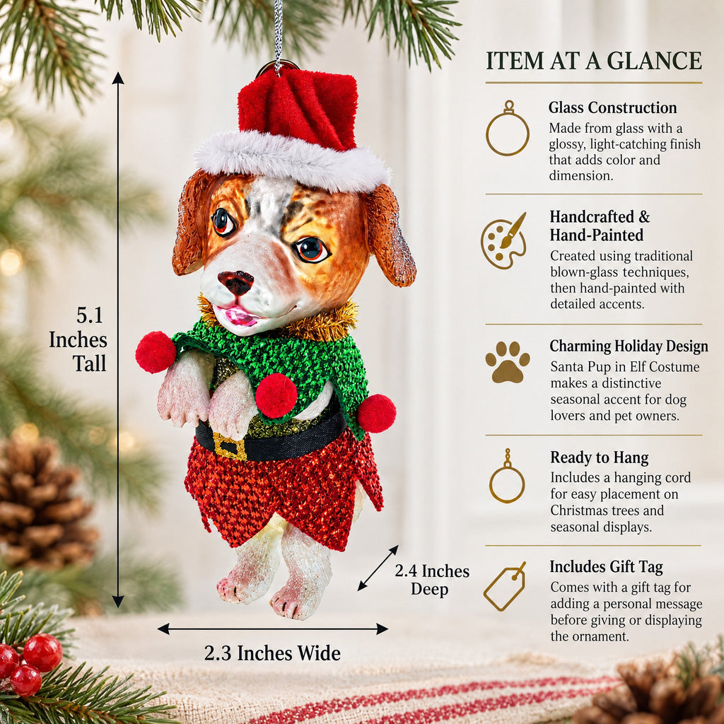 Santa Pup in Elf Costume Glass Christmas Ornament