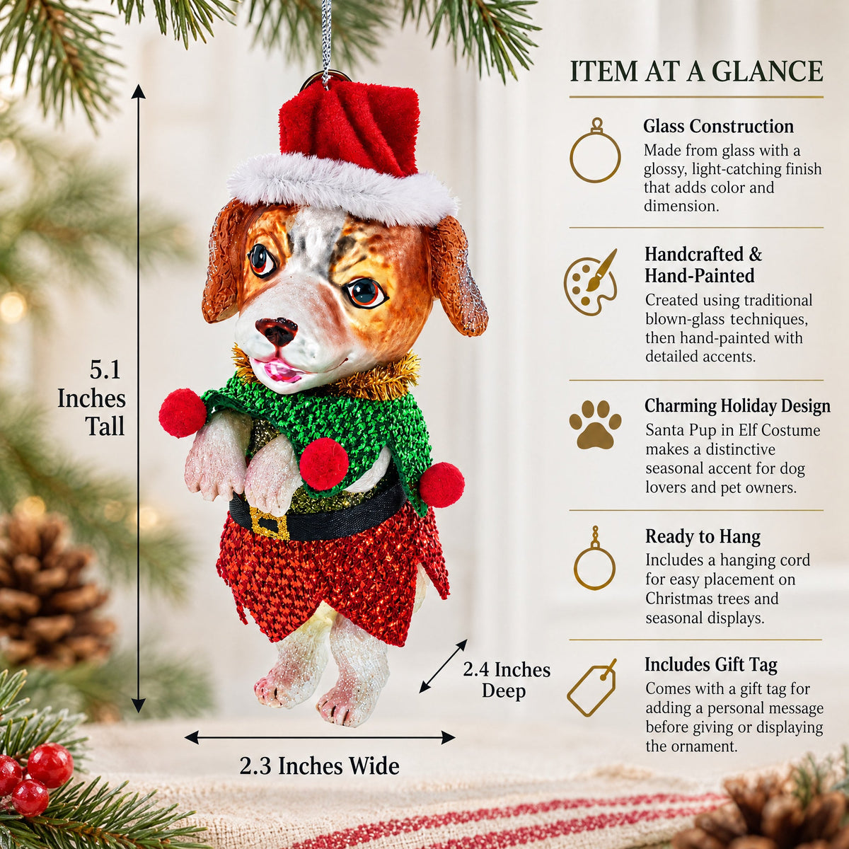 Santa Pup in Elf Costume Glass Christmas Ornament