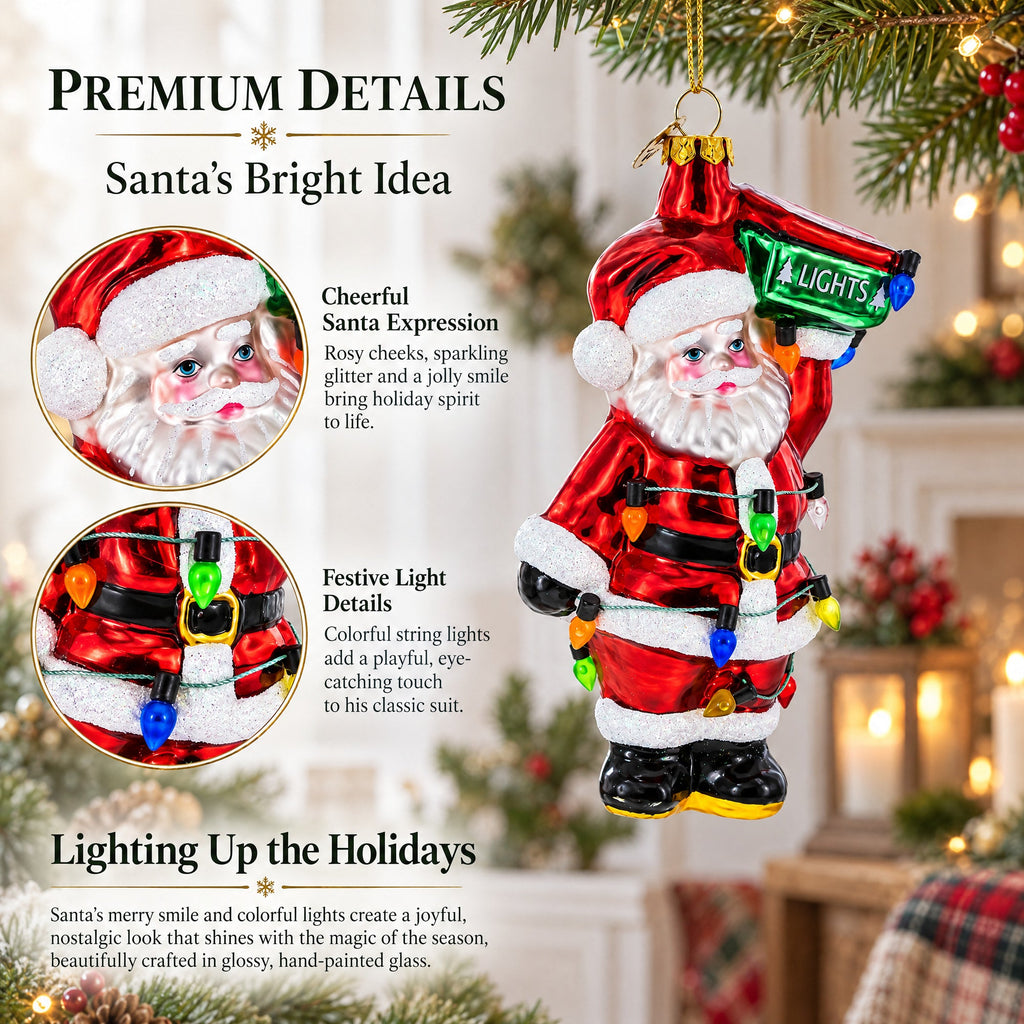 Santa with Festive Lights Glass Christmas Ornament