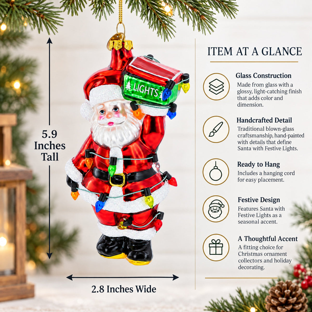 Santa with Festive Lights Glass Christmas Ornament