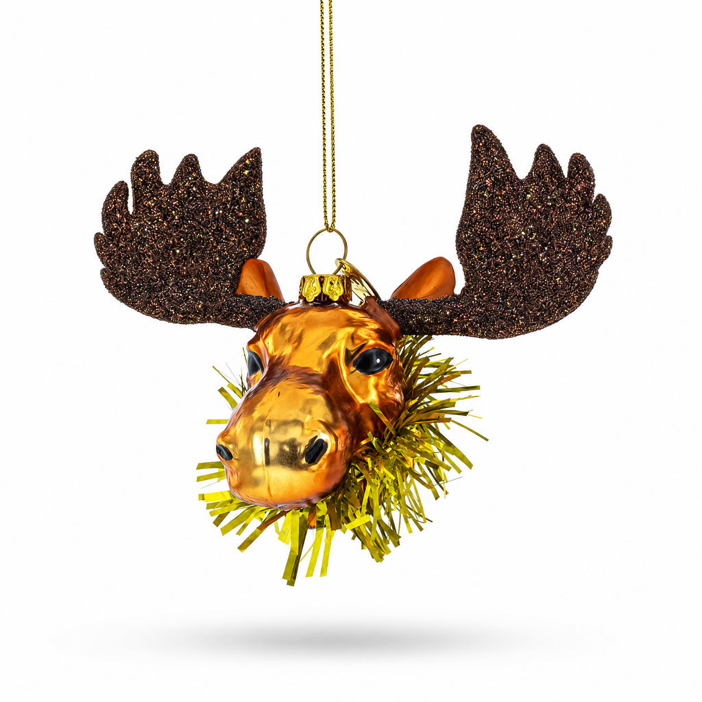 Moose Head Adorned with Tinsel Collar Glass Christmas Ornament