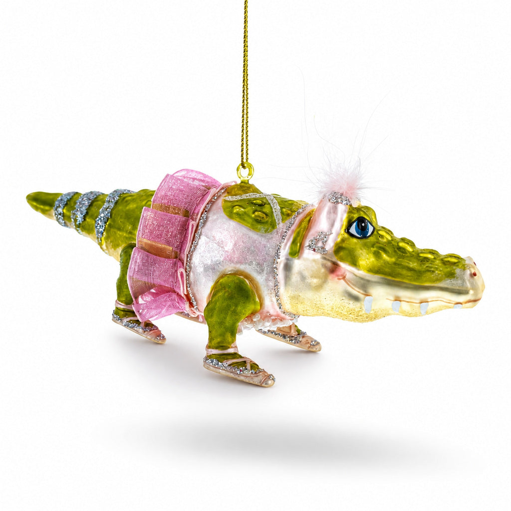 Alligator in Pink Ballerina Ensemble Glass Christmas Ornament