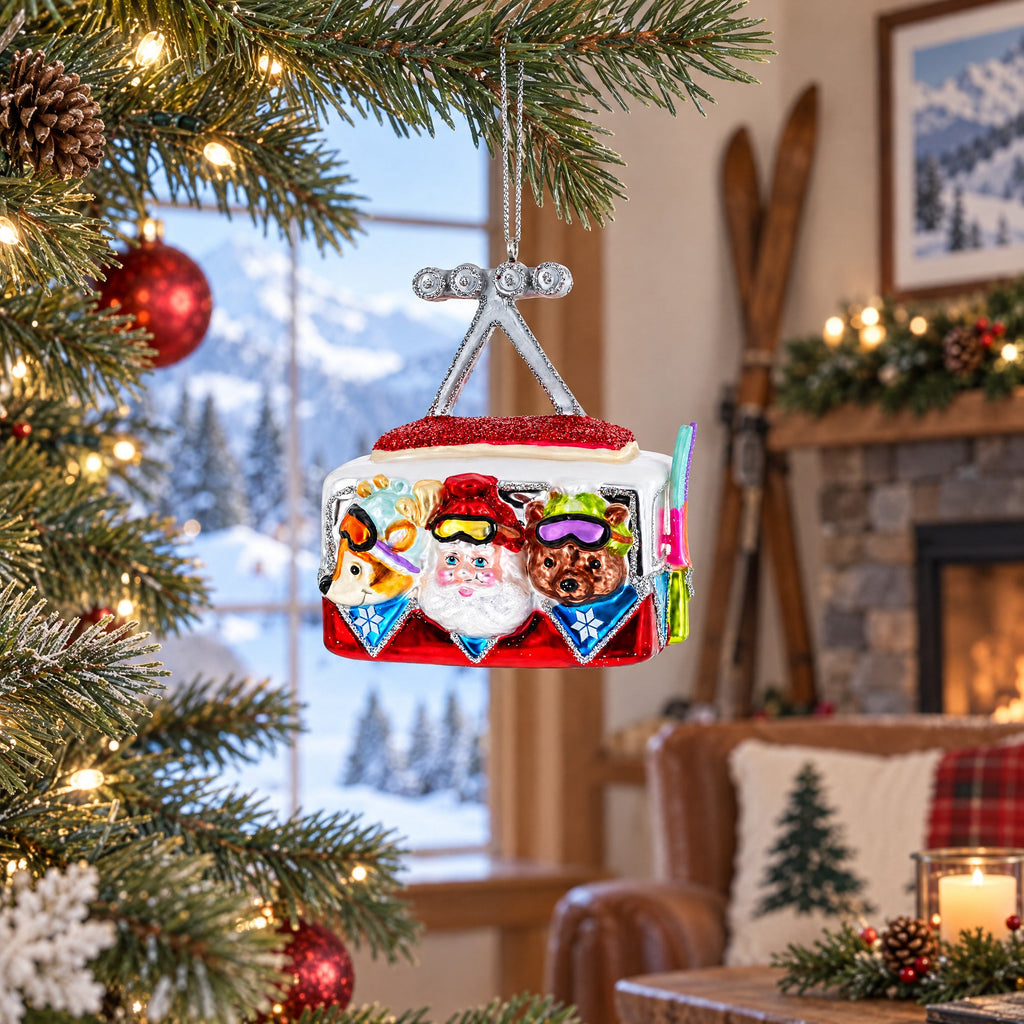 Gondola Ride with Santa, Fox, and Bear Glass Christmas Ornament