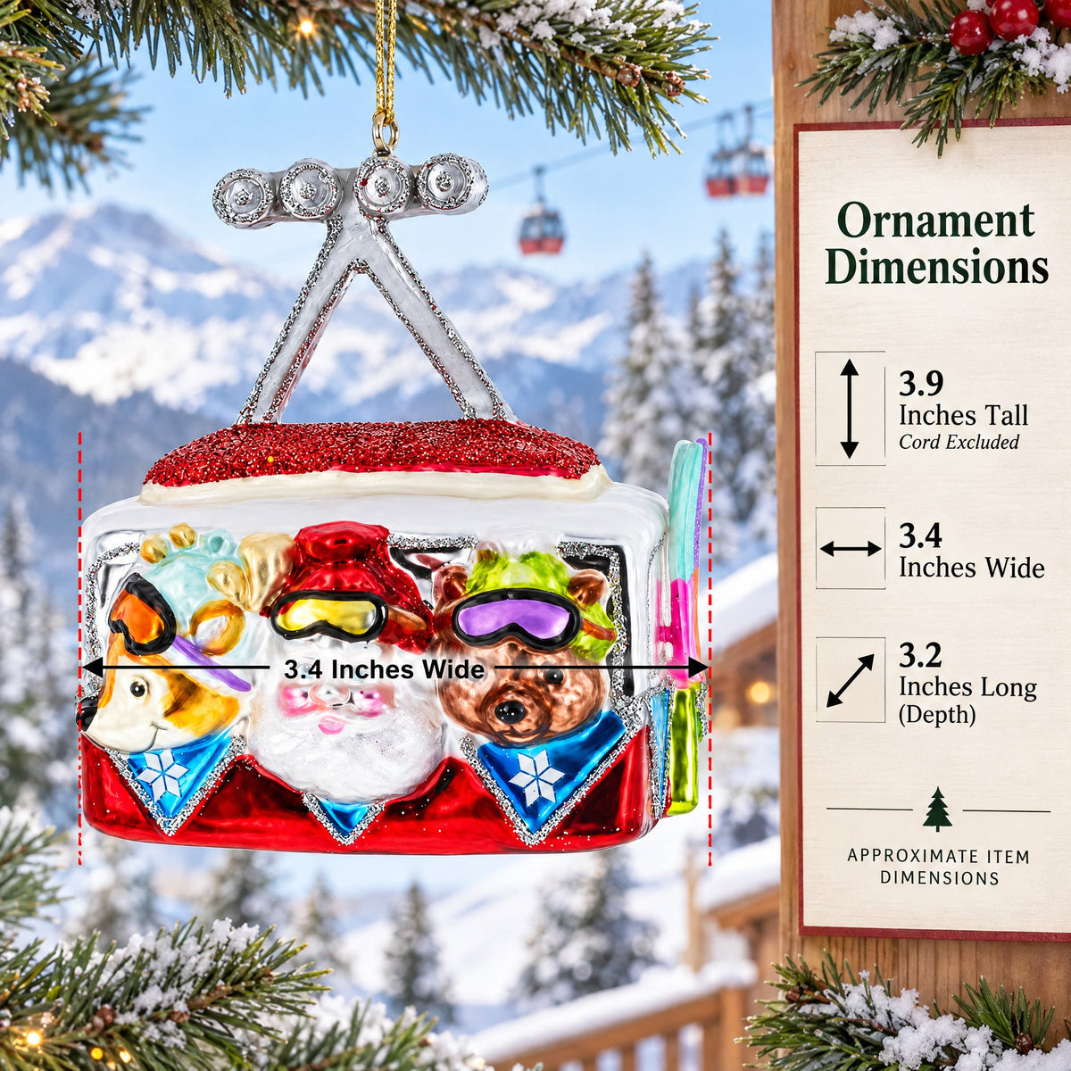 Gondola Ride with Santa, Fox, and Bear Glass Christmas Ornament