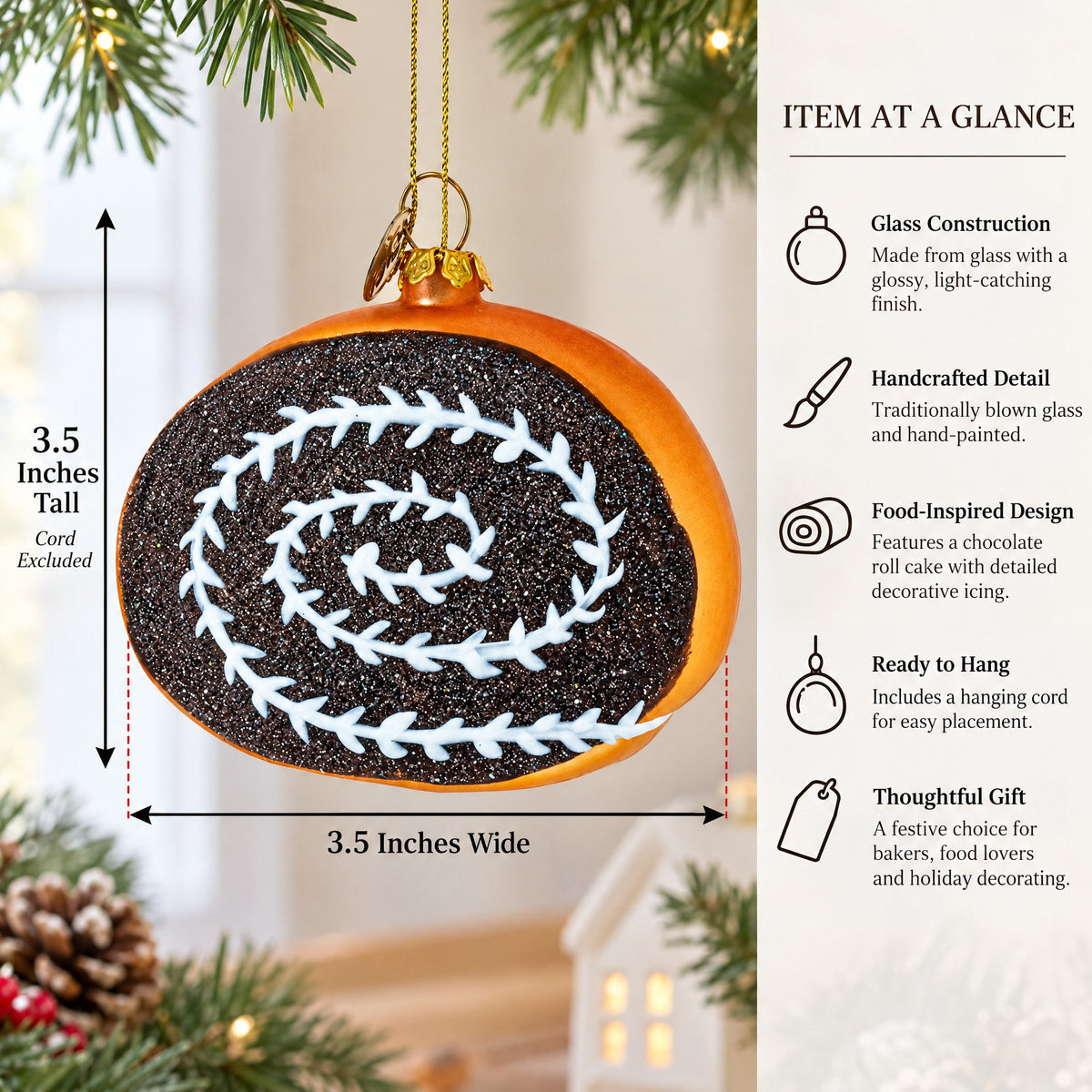 Chocolate Roll Cake Glass Christmas Ornament