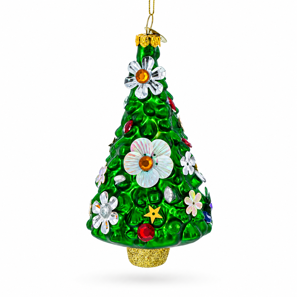 Blossom-Adorned Christmas Tree Glass Ornament