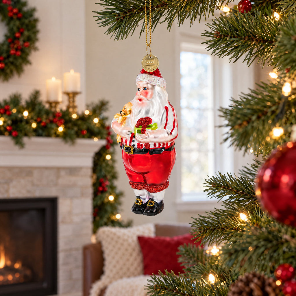 Santa with Teddy Bear and Gift Glass Christmas Ornament