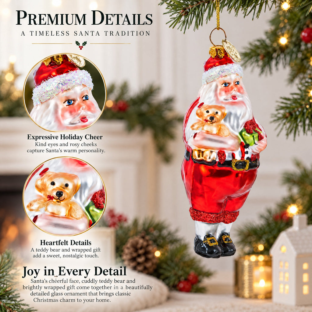 Santa with Teddy Bear and Gift Glass Christmas Ornament