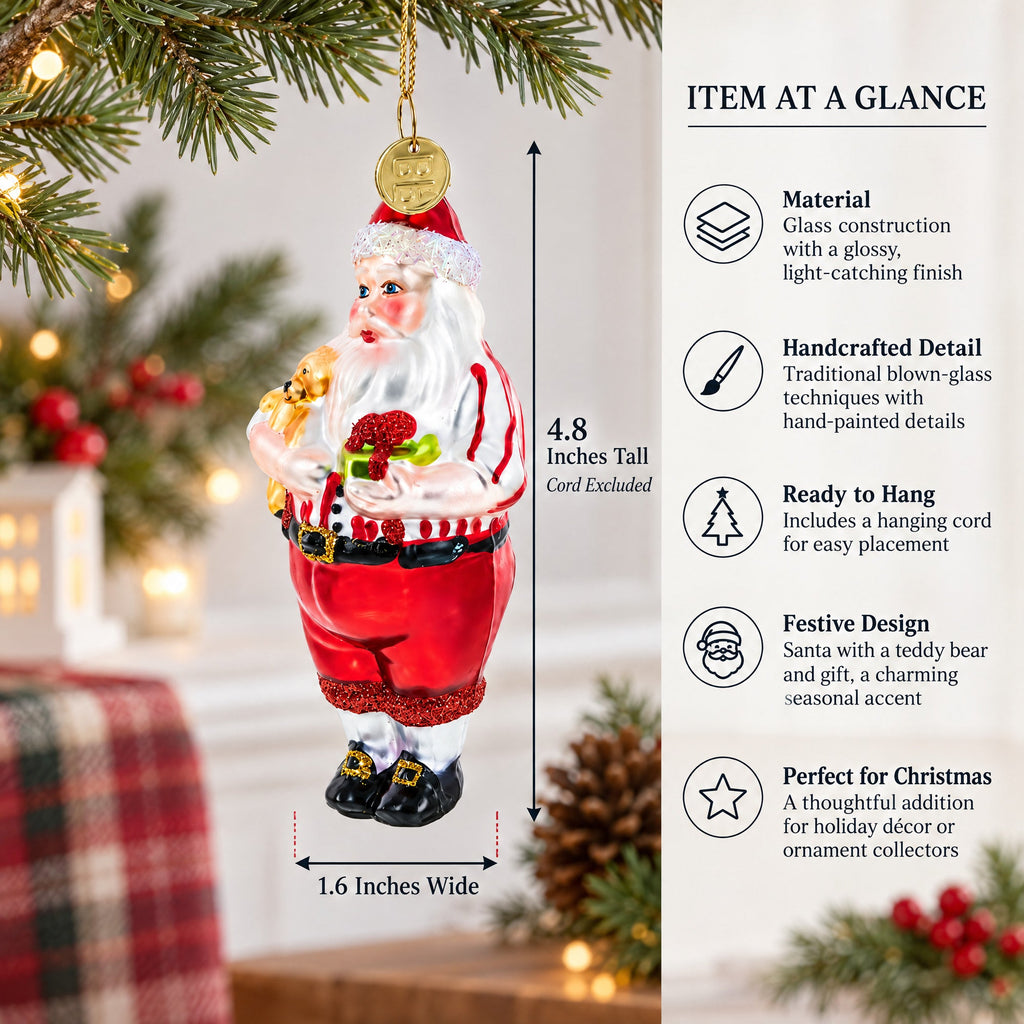 Santa with Teddy Bear and Gift Glass Christmas Ornament