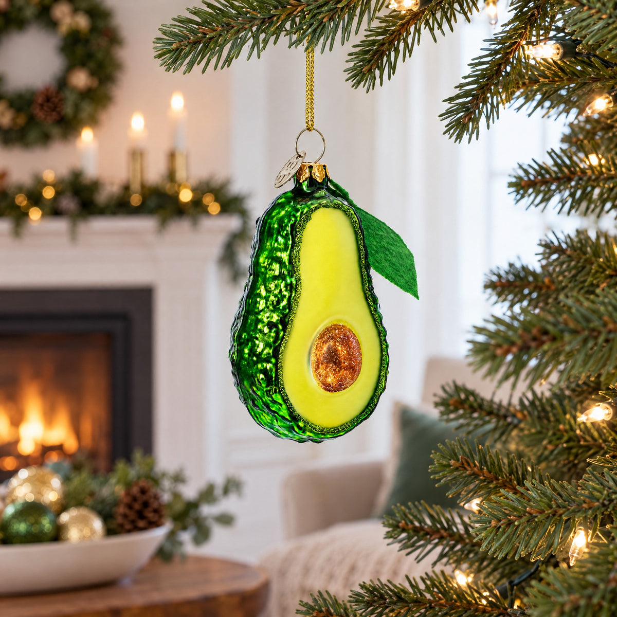 Avocado with Leaf Glass Christmas Ornament