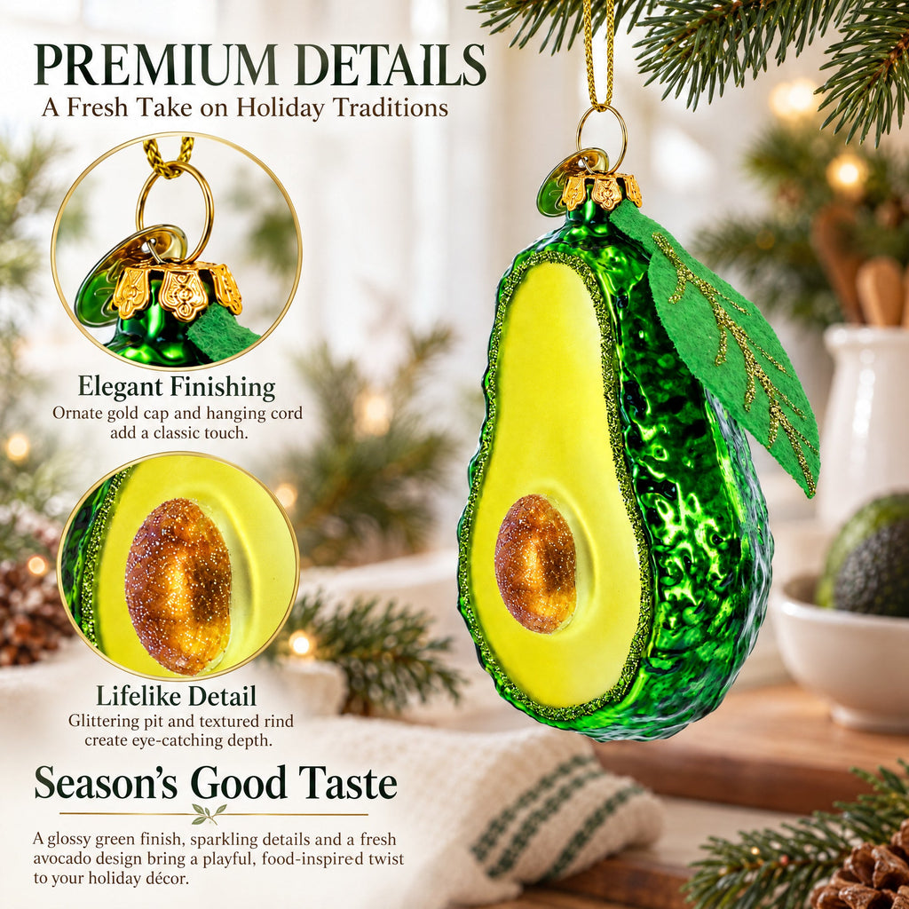 Avocado with Leaf Glass Christmas Ornament