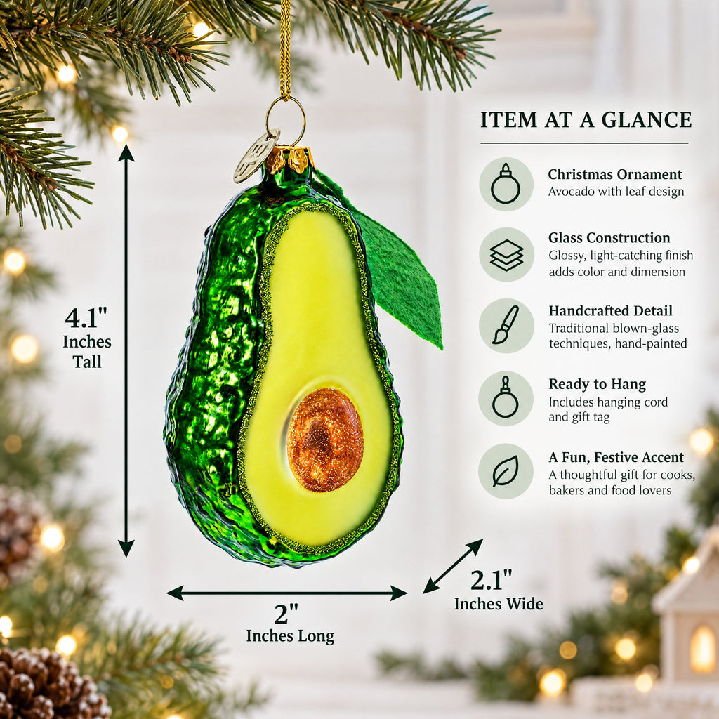 Avocado with Leaf Glass Christmas Ornament