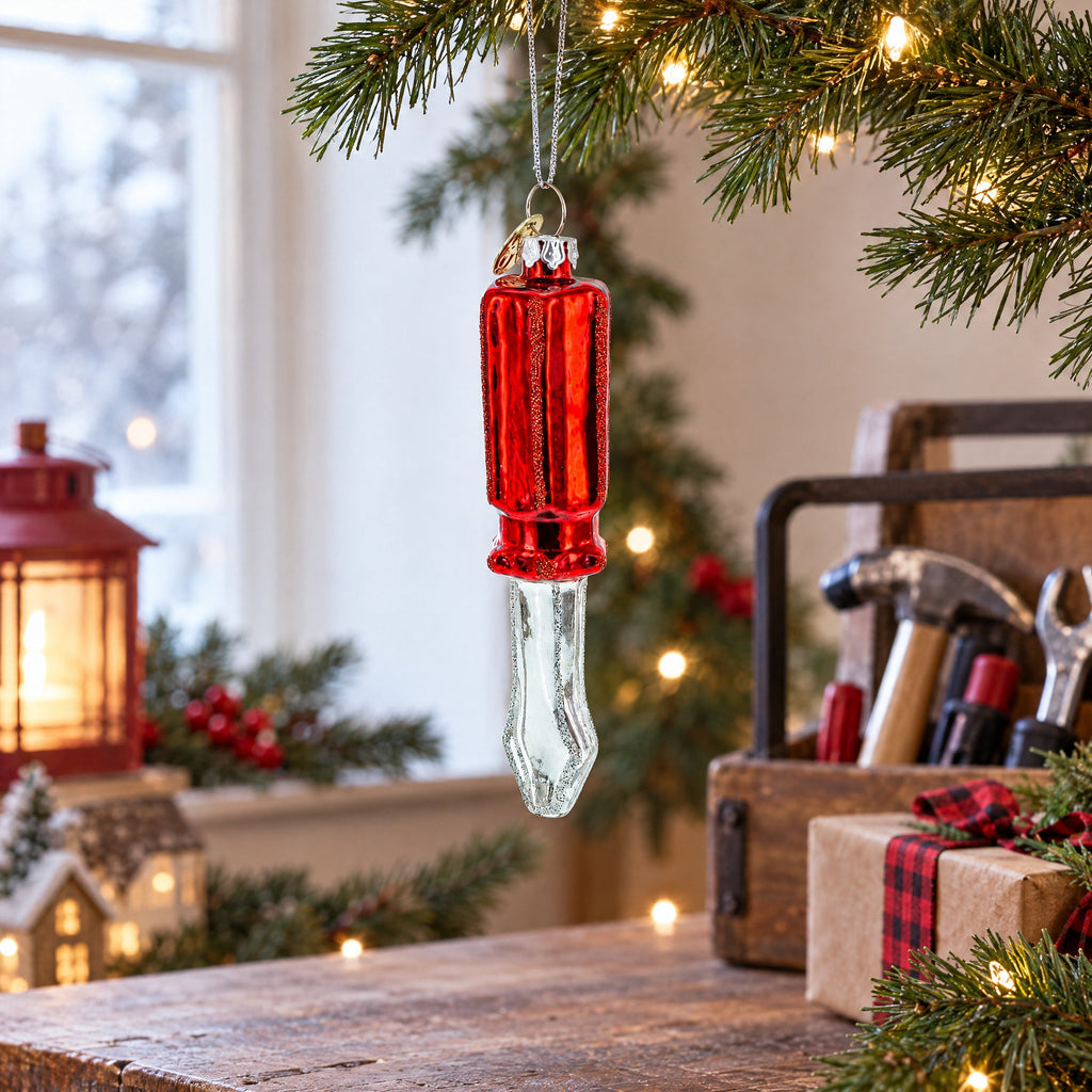 Screwdriver with Red Handle Glass Christmas Ornament
