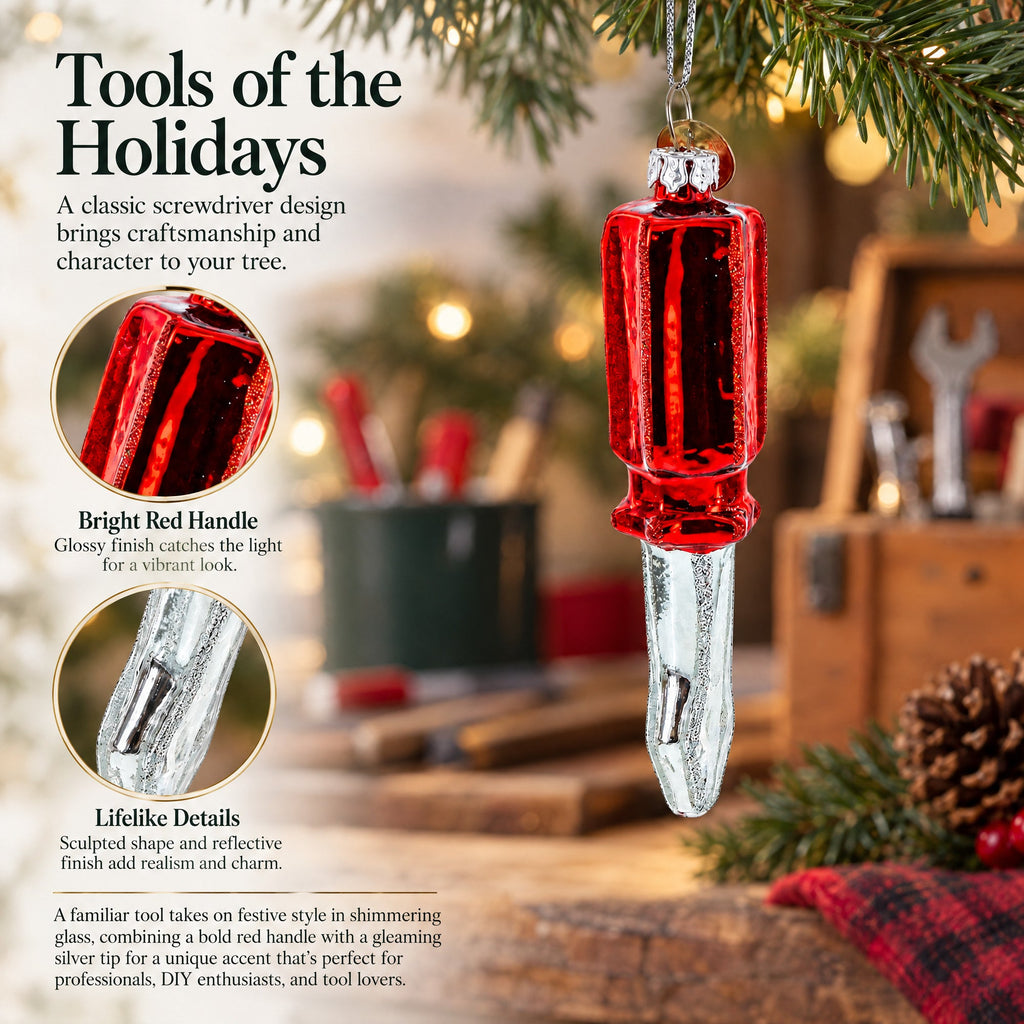 Screwdriver with Red Handle Glass Christmas Ornament
