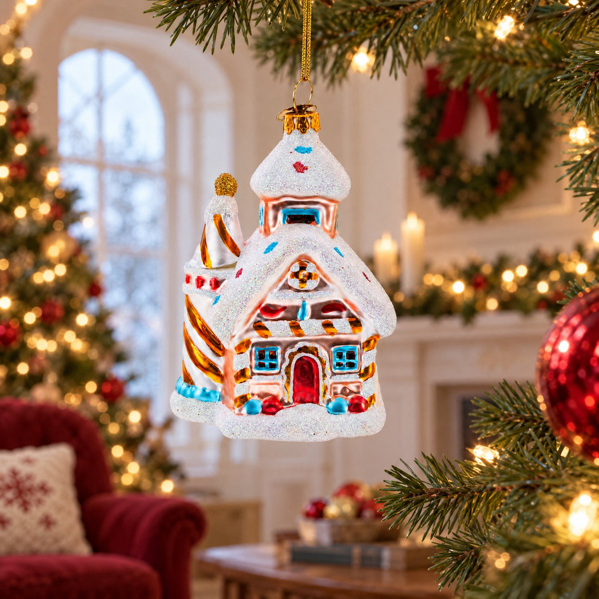 Candy-Coated Gingerbread House Glass Christmas Ornament