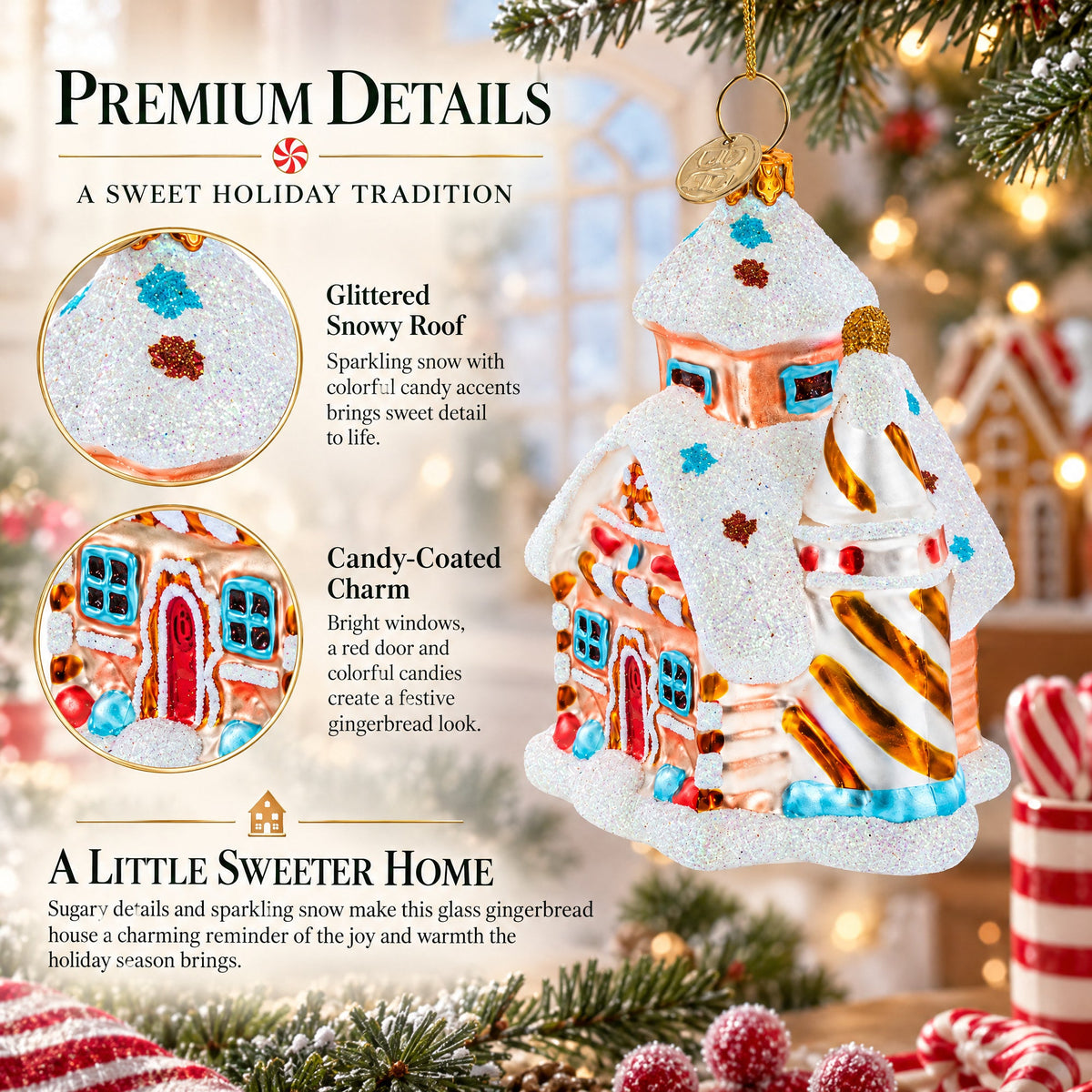 Candy-Coated Gingerbread House Glass Christmas Ornament