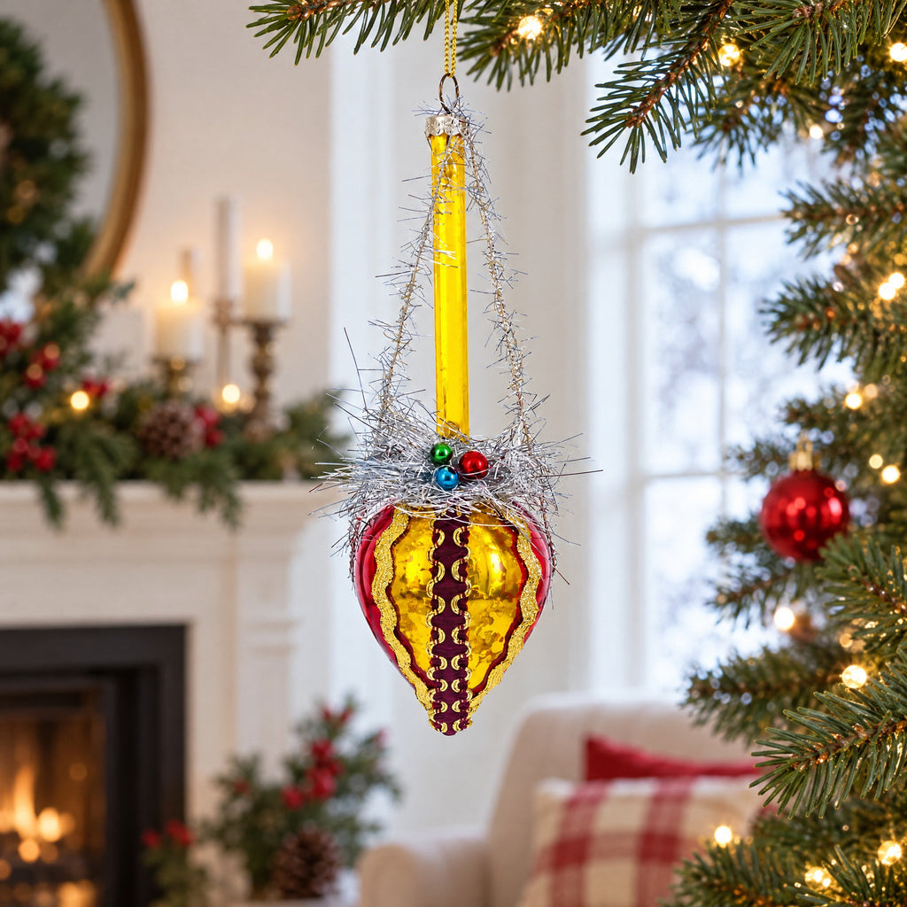 Vintage-Style Tinsel and Bells Drop Glass Christmas Ornament