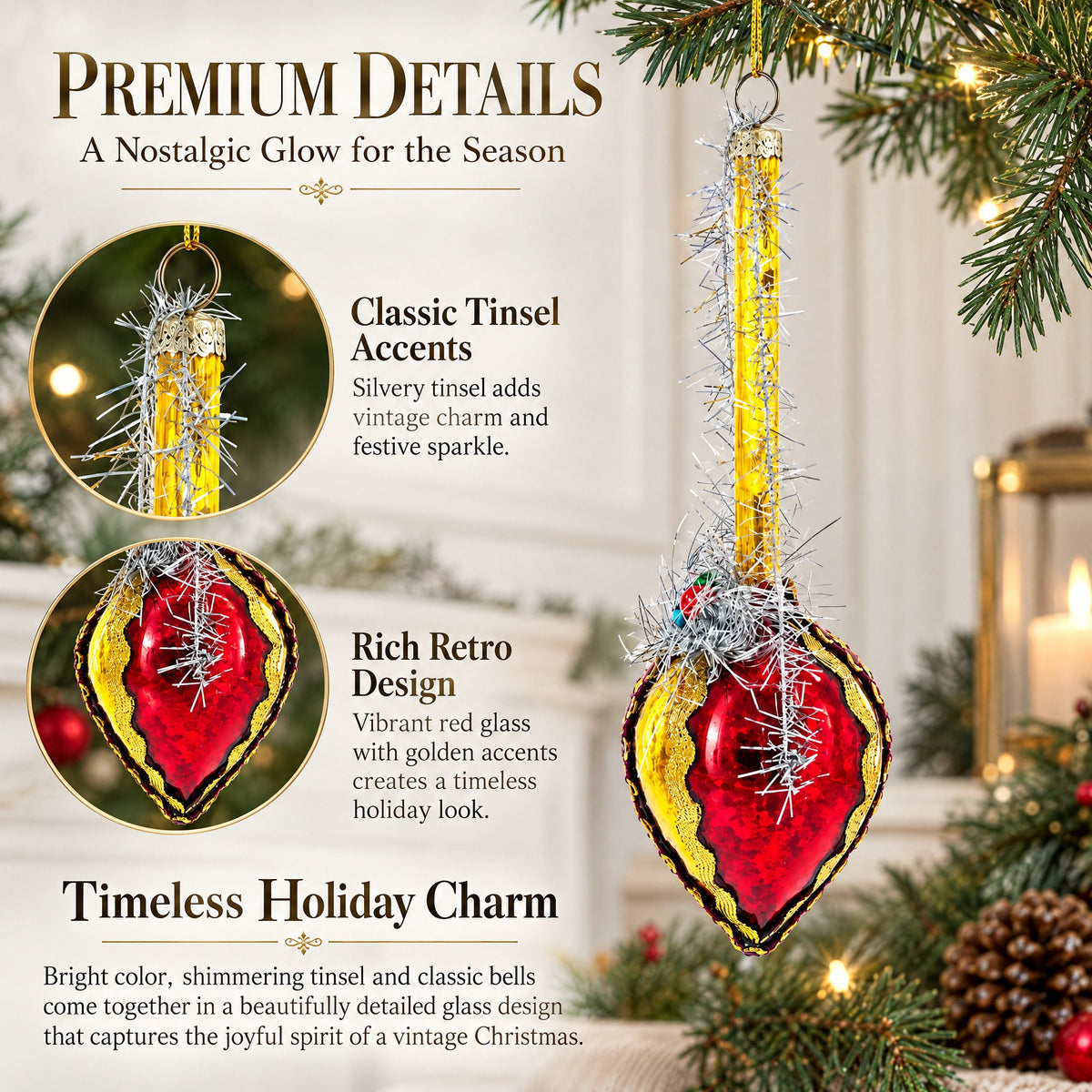 Vintage-Style Tinsel and Bells Drop Glass Christmas Ornament
