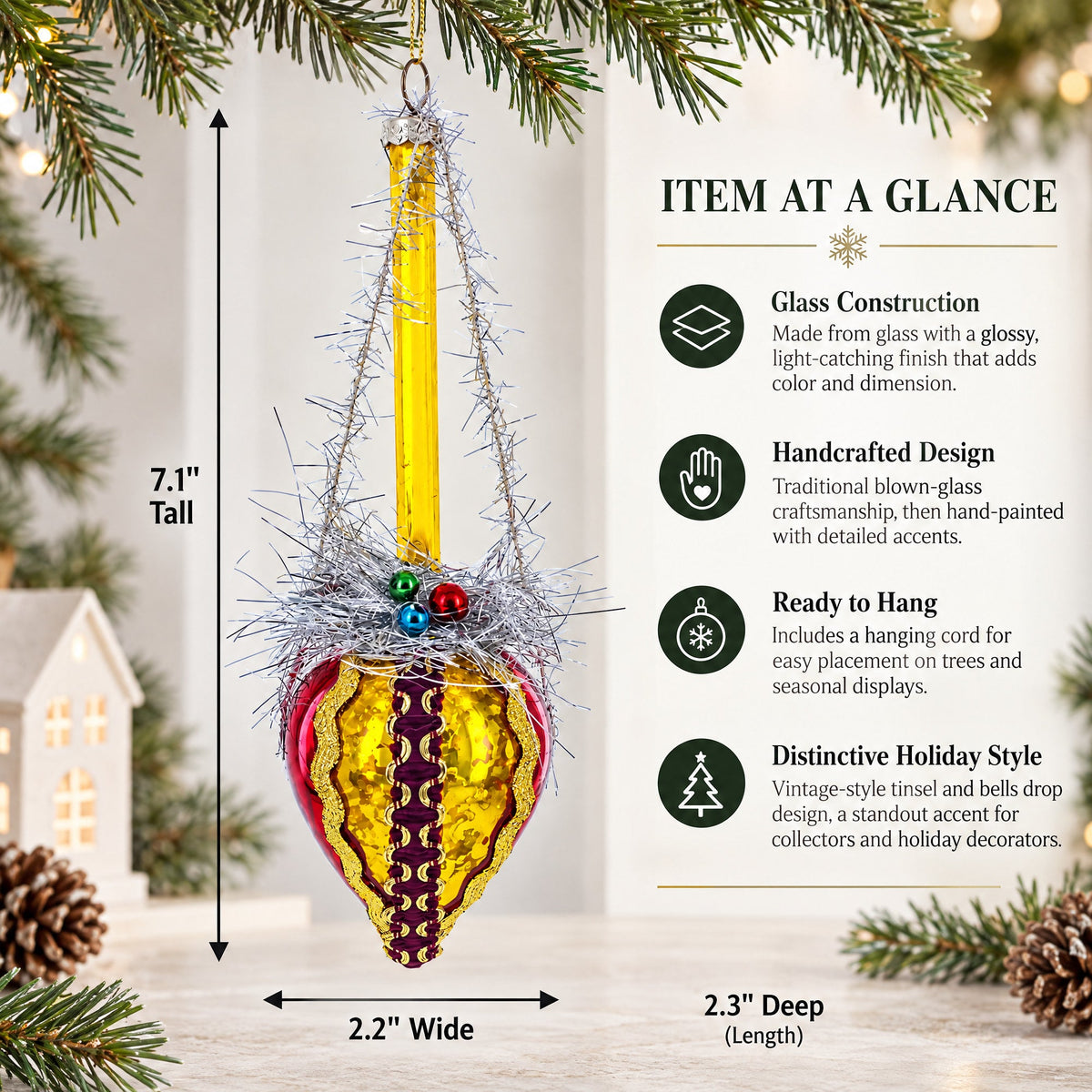 Vintage-Style Tinsel and Bells Drop Glass Christmas Ornament