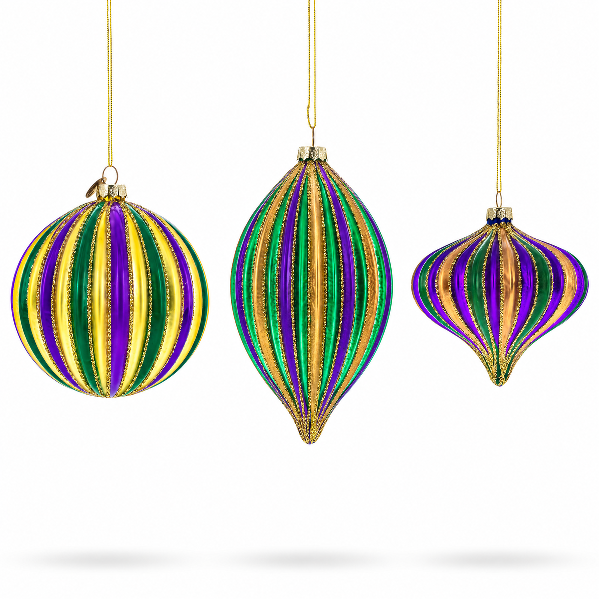 Set of 3 Mardi Gras Ribbed Glass Christmas Ornaments