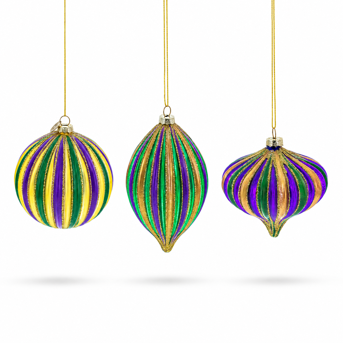 Set of 3 Mardi Gras Ribbed Glass Christmas Ornaments
