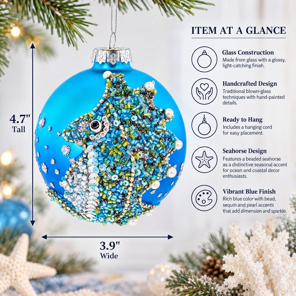 Beaded Seahorse Ocean Glass Ball Christmas Ornament