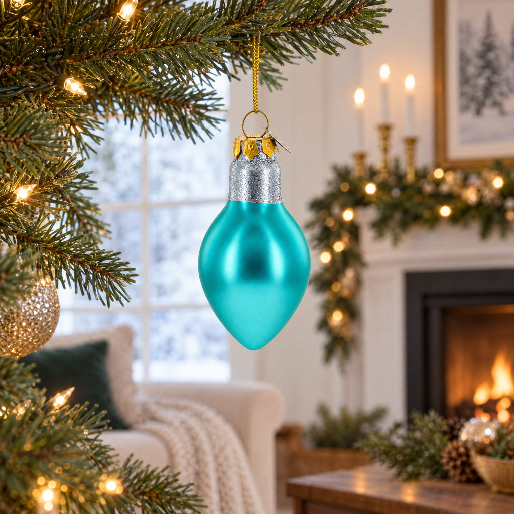 Shimmering Blue Light Bulb Glass Christmas Ornament