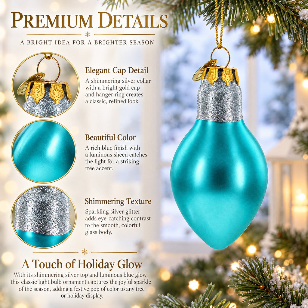 Shimmering Blue Light Bulb Glass Christmas Ornament