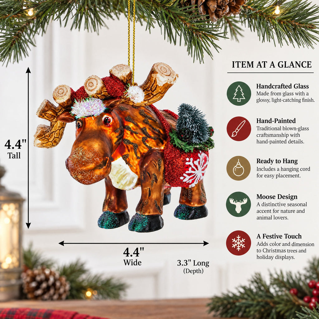 Moose with Twinkling Lights Glass Christmas Ornament