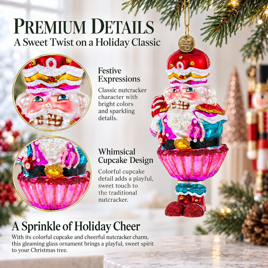 Nutcracker with Cupcake Glass Christmas Ornament