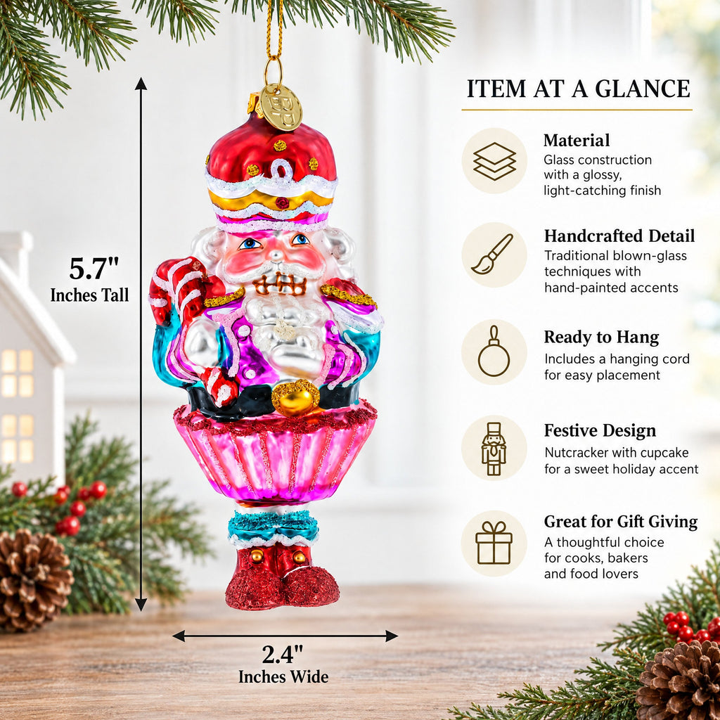 Nutcracker with Cupcake Glass Christmas Ornament