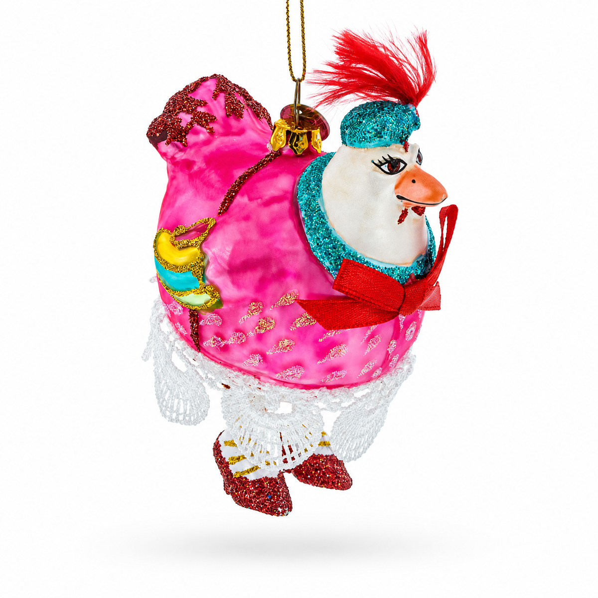 Hen in Dress Glass Christmas Ornament