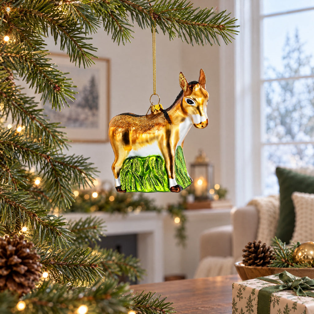 Donkey with Festive Decorations Glass Christmas Ornament
