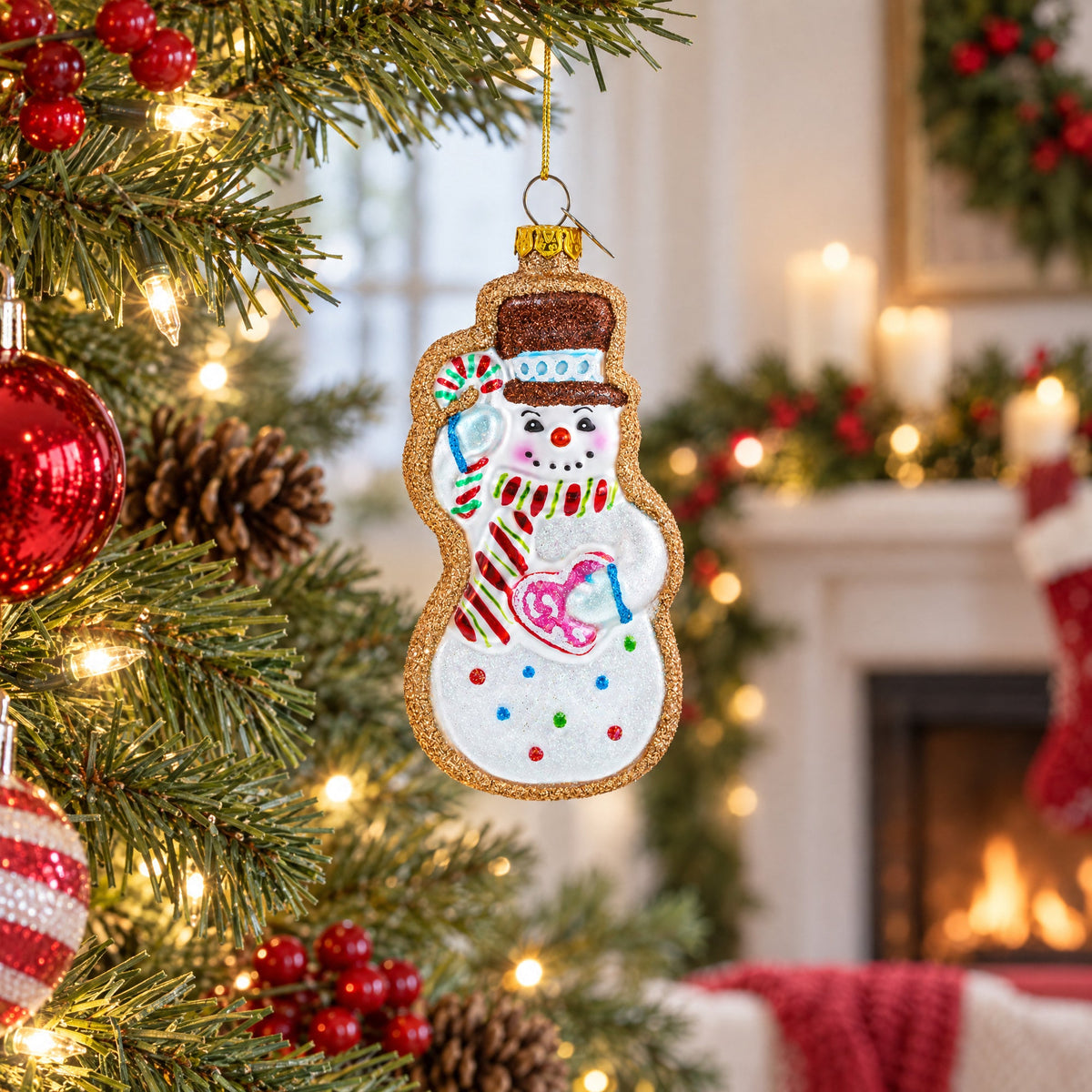 Festive Snowman Cookie Glass Christmas Ornament