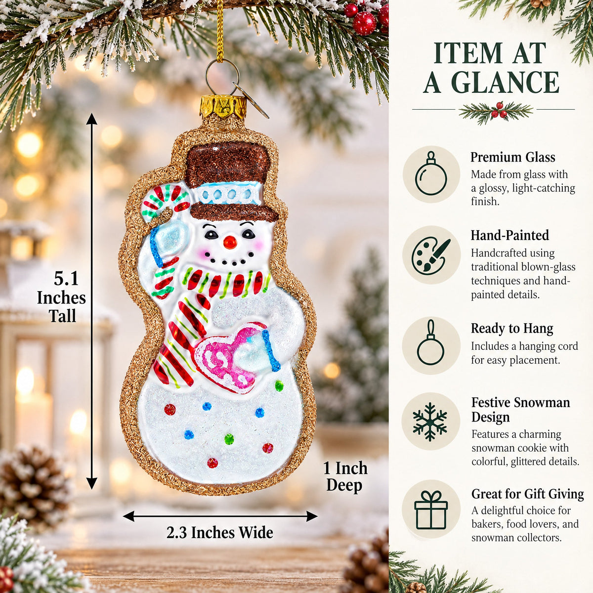 Festive Snowman Cookie Glass Christmas Ornament