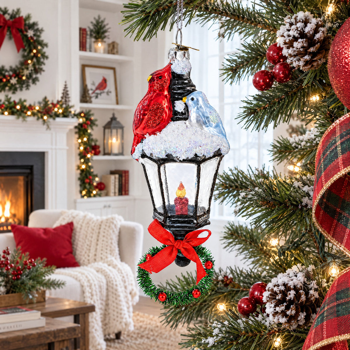 Red Cardinal Perched on Snow-Capped Lantern Glass Christmas Ornament