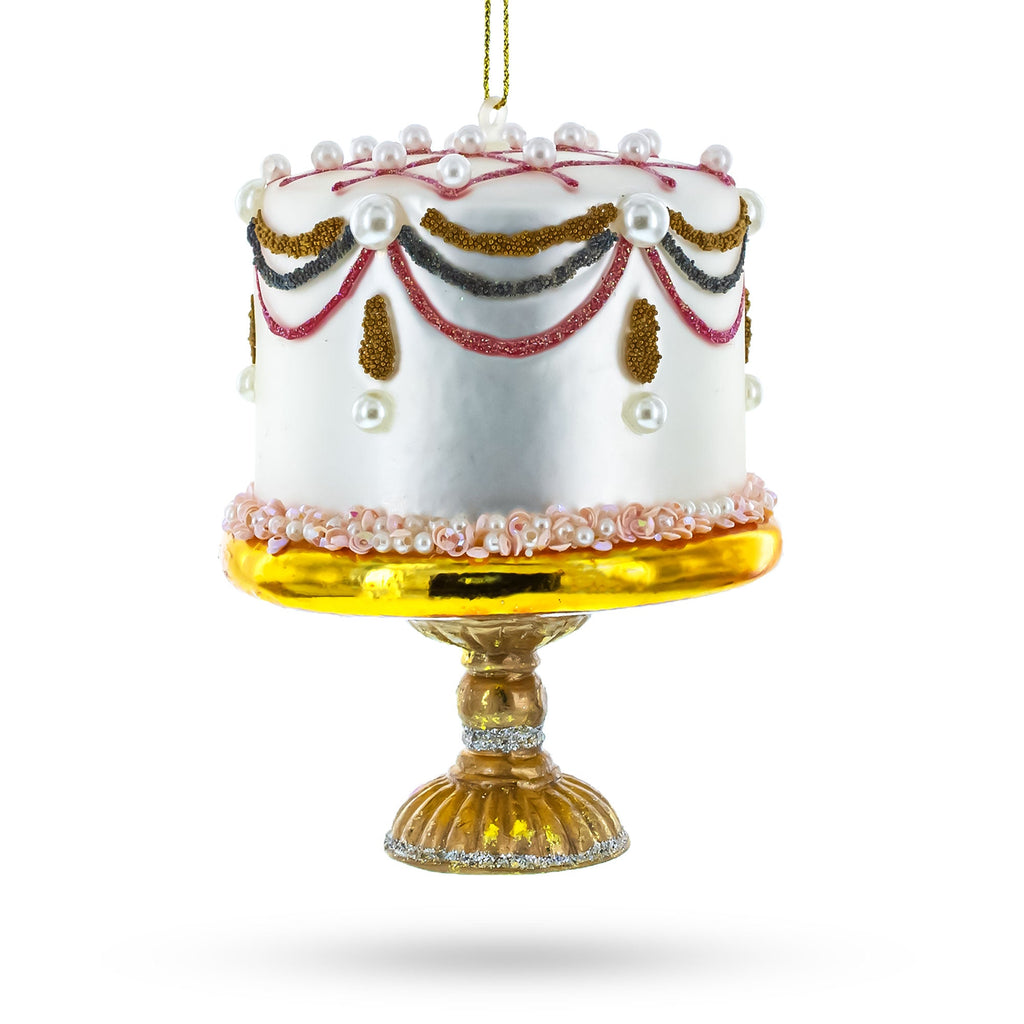 Pearl-Adorned Celebration Cake Glass Christmas Ornament