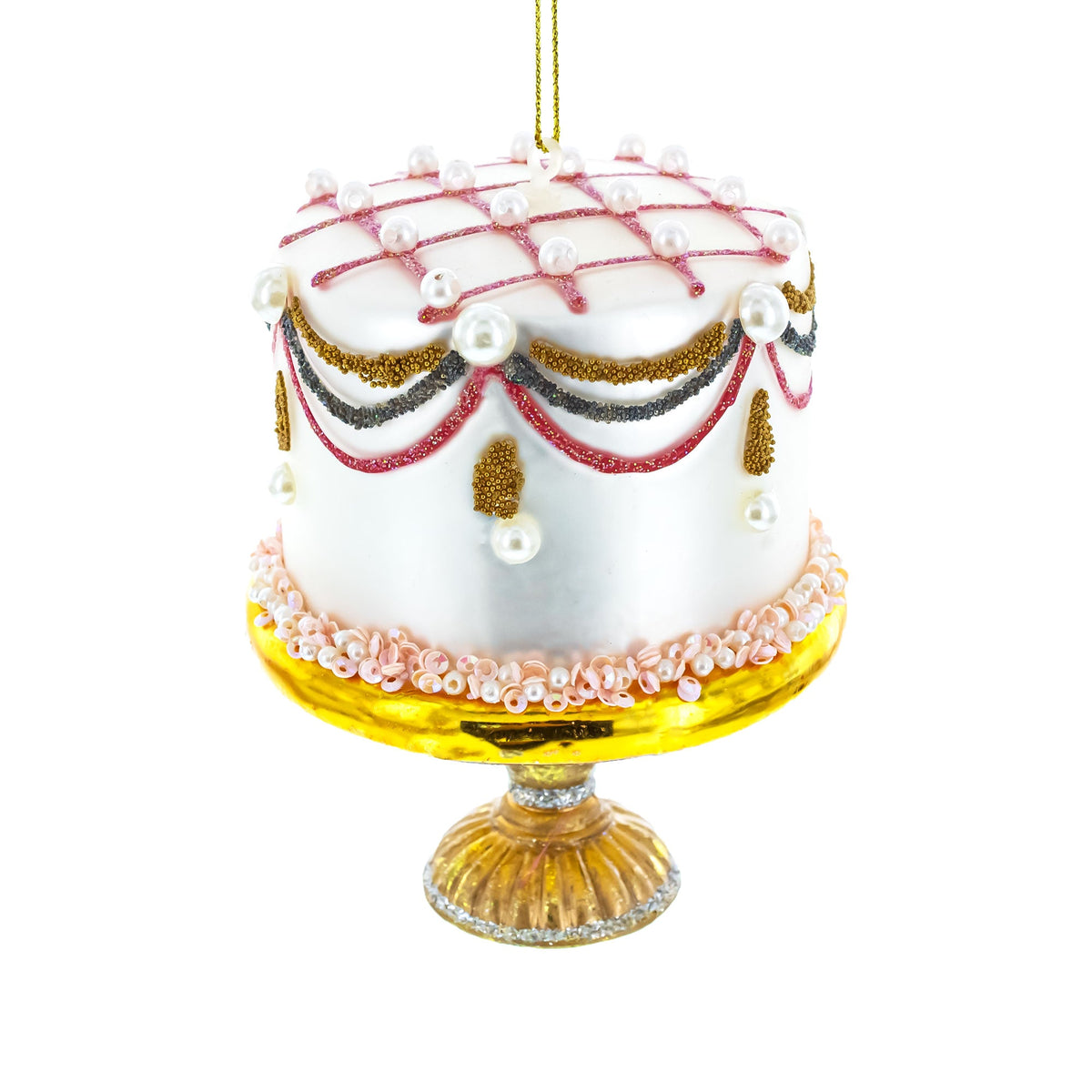 Pearl-Adorned Celebration Cake Glass Christmas Ornament