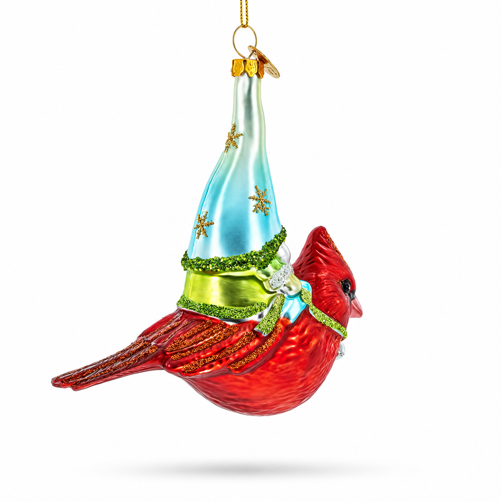 Gnome Riding Red Cardinal Glass Christmas Ornament