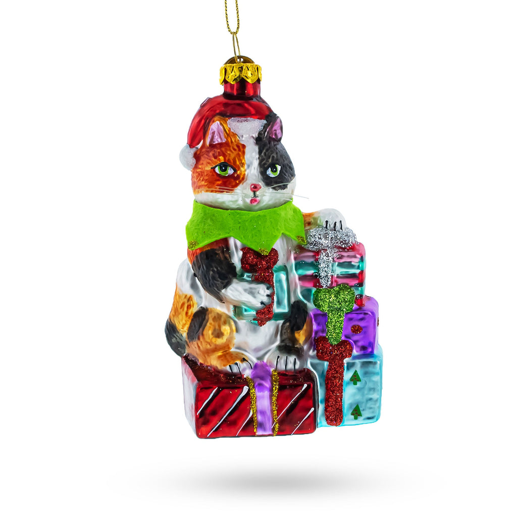Cat Surrounded by Gift Boxes Glass Christmas Ornament