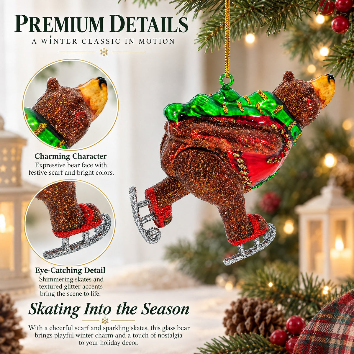 Skating Bear Glass Christmas Ornament